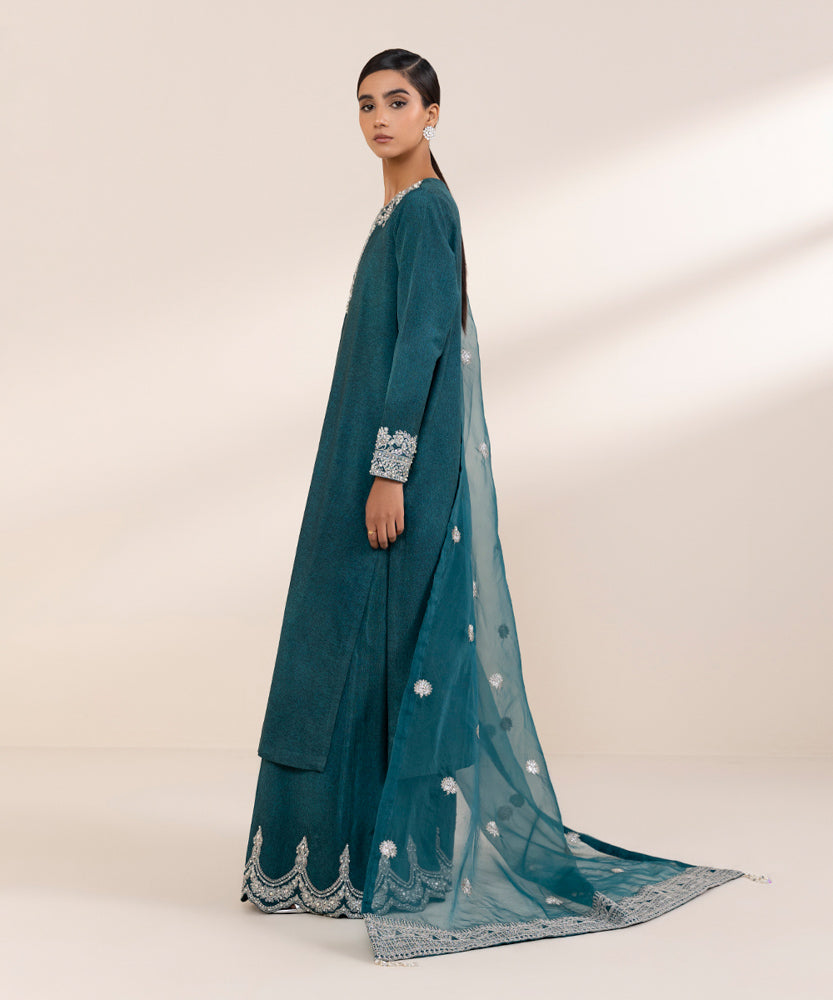 Women's Pret Teal 3 Piece Embroidered Raw Silk Suit