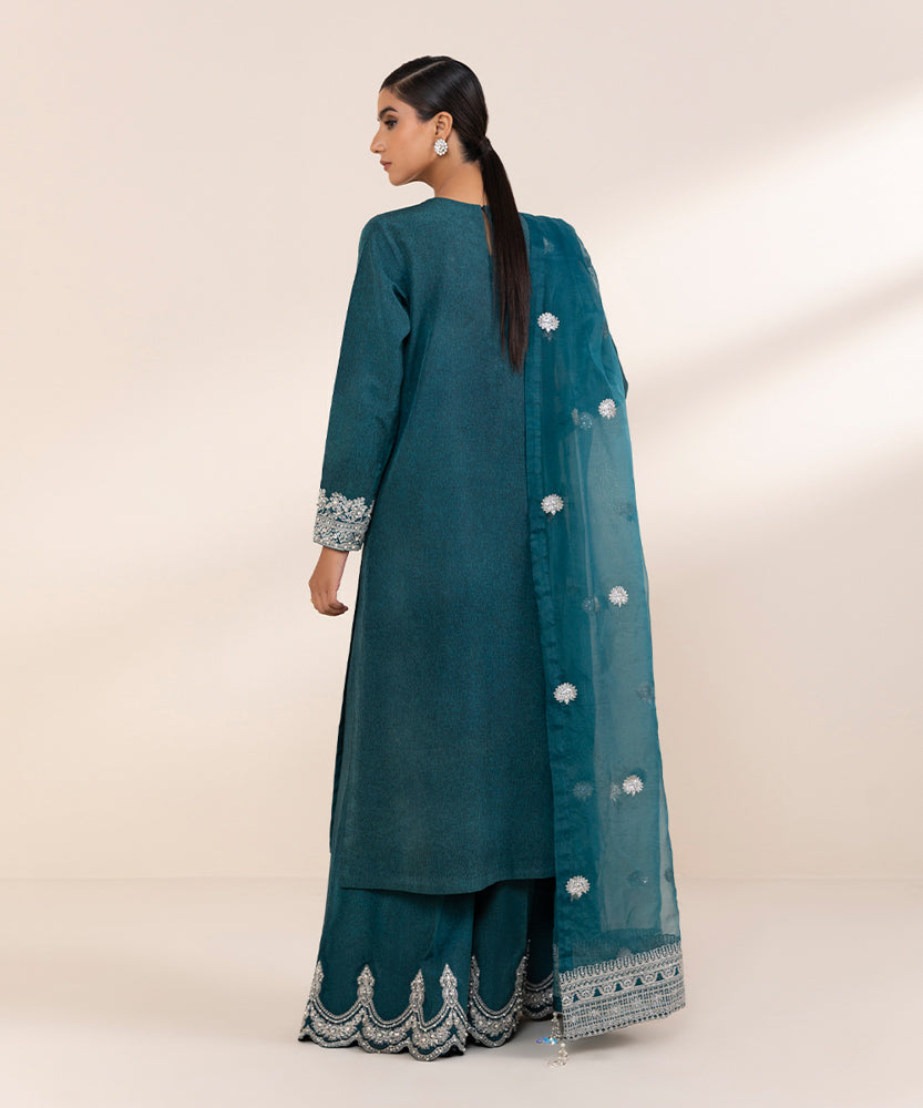 Women's Pret Teal 3 Piece Embroidered Raw Silk Suit