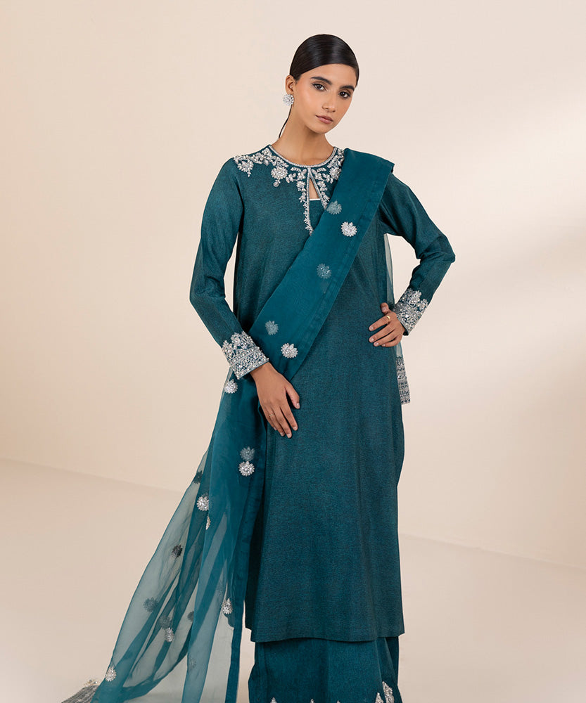 Women's Pret Teal 3 Piece Embroidered Raw Silk Suit