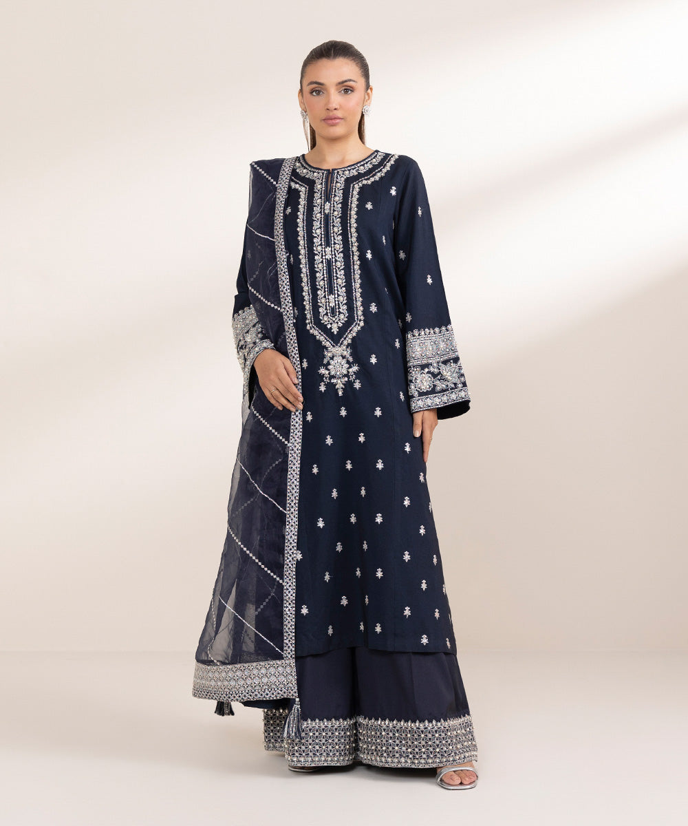 Women's Pret Blended Organza Blue Embroidered 3 Piece Suit