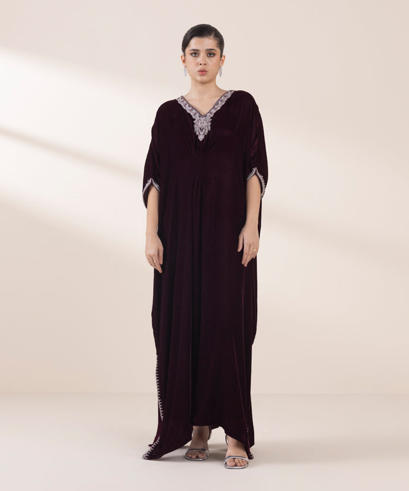 Women's Pret Deep Maroon Embroidered Velvet Kaftan