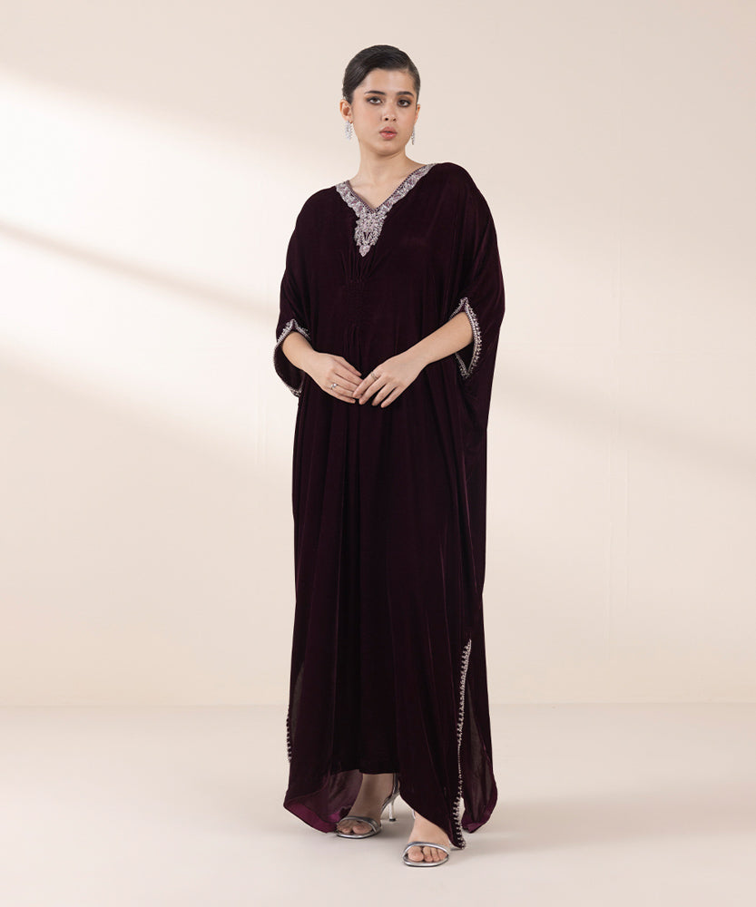 Women's Pret Deep Maroon Embroidered Velvet Kaftan