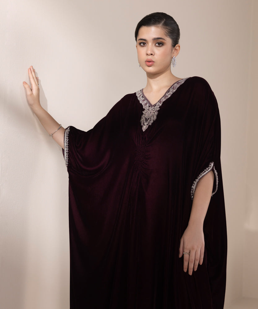 Women's Pret Deep Maroon Embroidered Velvet Kaftan