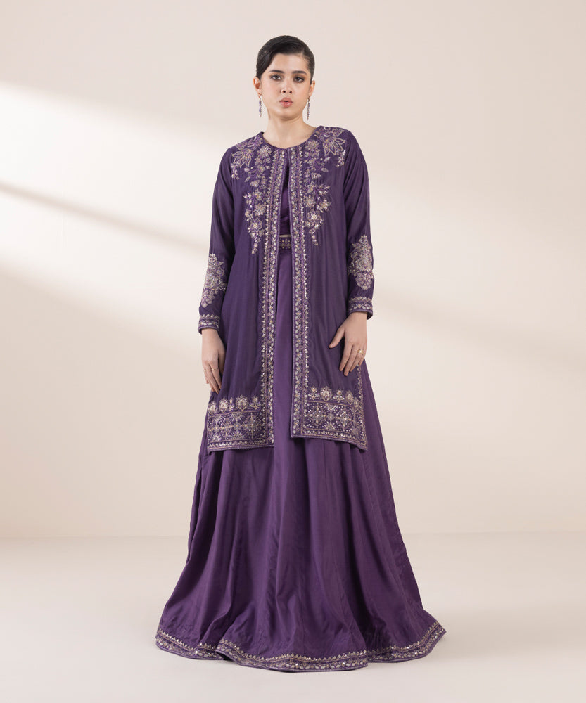 Women's Pret Purple 2 Piece Embroidered Raw Silk Suit