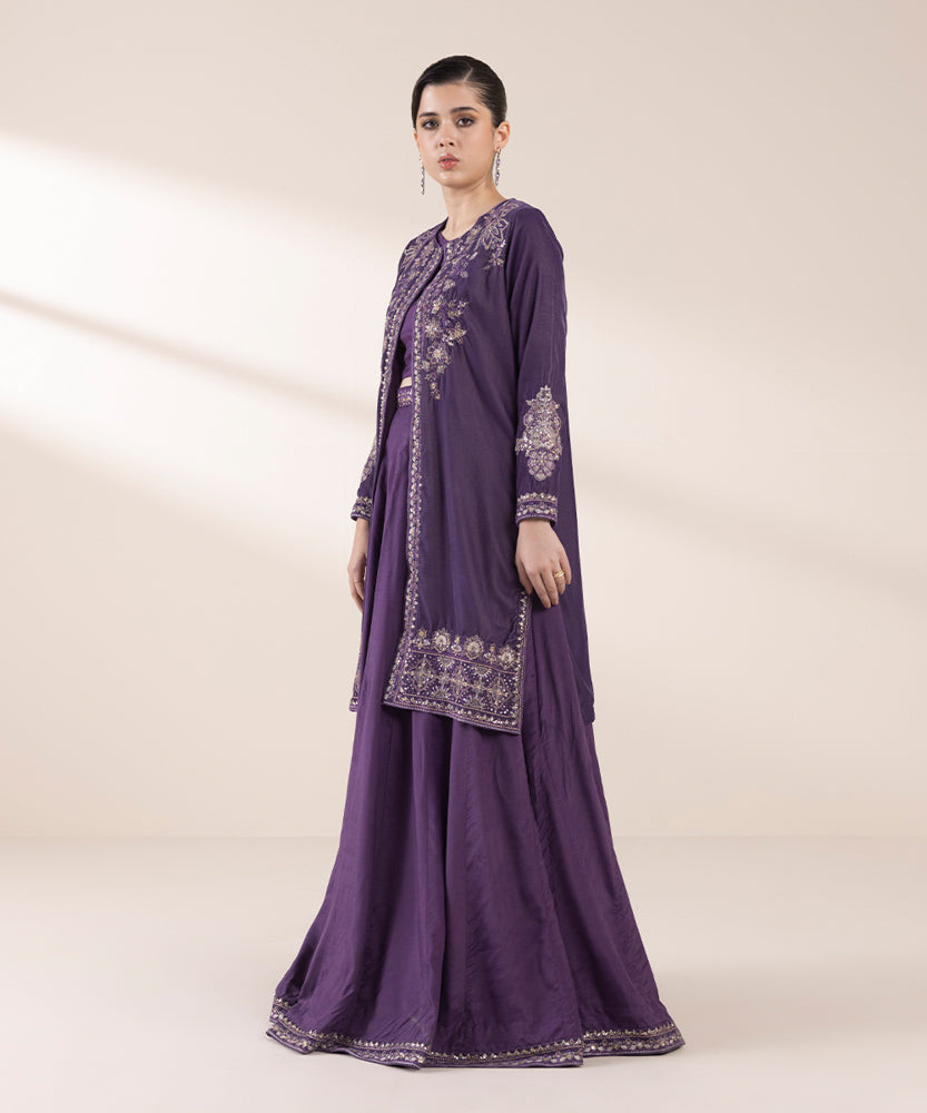 Women's Pret Purple 2 Piece Embroidered Raw Silk Suit