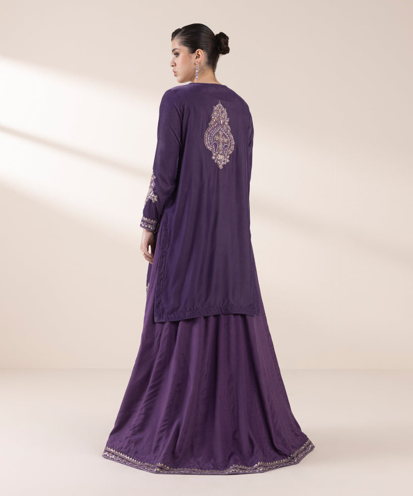 Women's Pret Purple 2 Piece Embroidered Raw Silk Suit