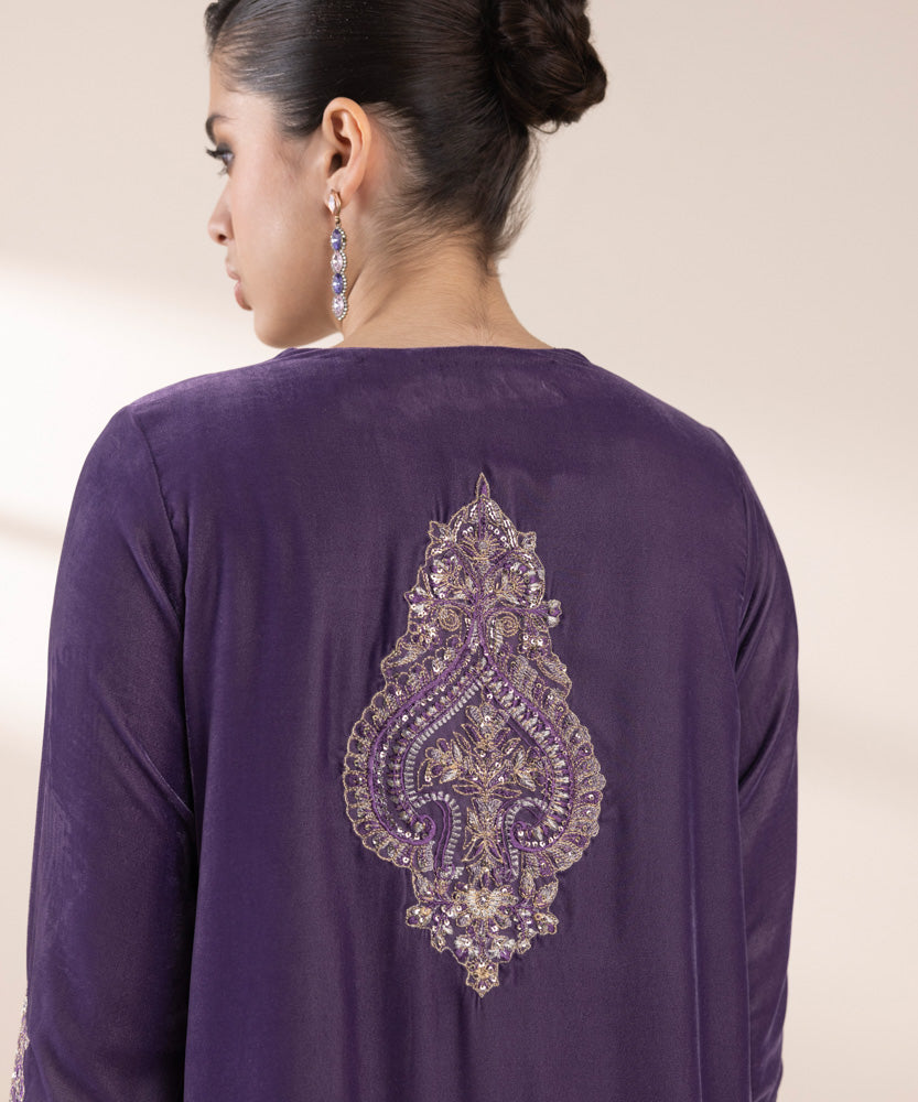 Women's Pret Purple 2 Piece Embroidered Raw Silk Suit