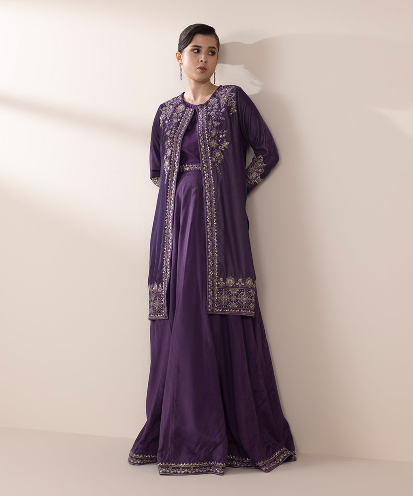 Women's Pret Purple 2 Piece Embroidered Raw Silk Suit