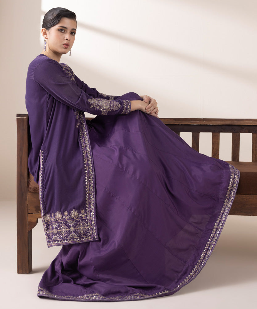 Women's Pret Purple 2 Piece Embroidered Raw Silk Suit