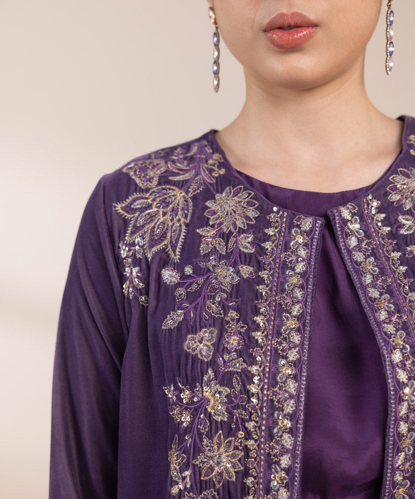 Women's Pret Purple 2 Piece Embroidered Raw Silk Suit