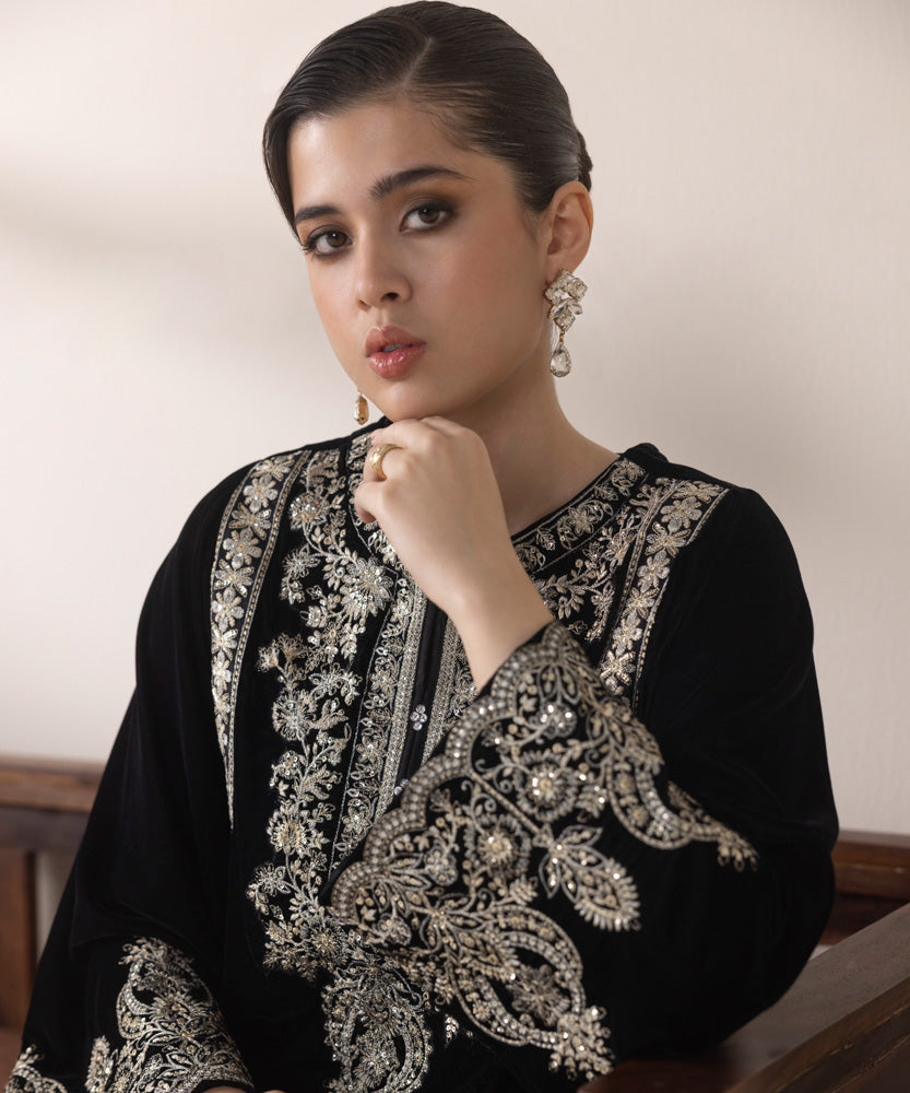 Women's Pret Black 2 Piece Embroidered Raw Silk Suit