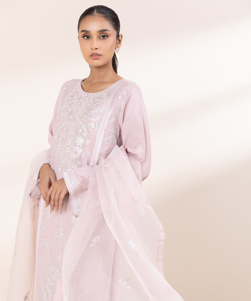 Women's Pret Viscose Raw Silk Pink Embroidered 3 Piece Suit