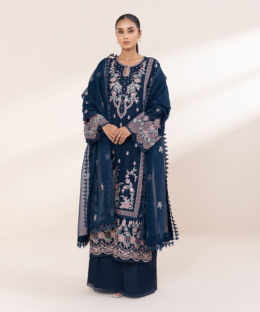 Women's Pret Viscose Raw Silk Blue Embroidered 3 Piece Suit