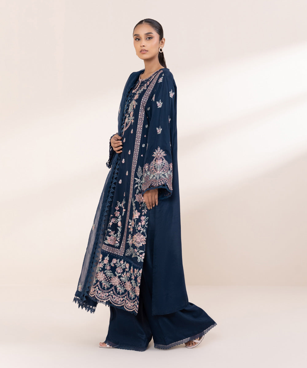 Women's Pret Viscose Raw Silk Blue Embroidered 3 Piece Suit