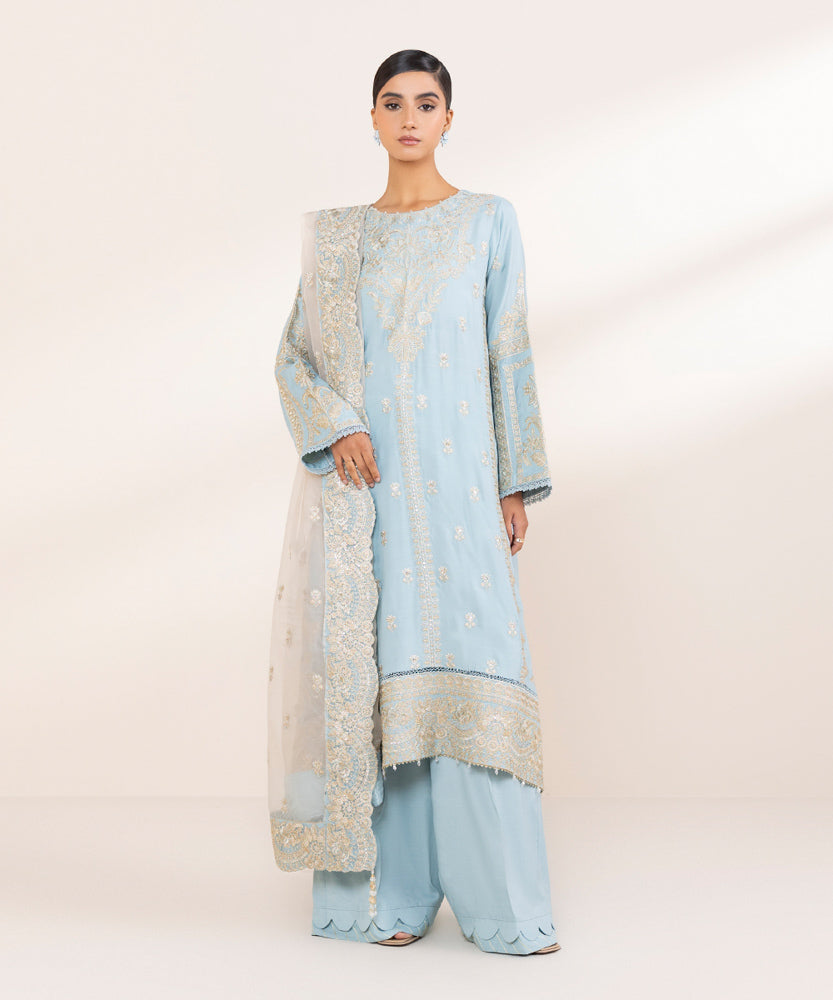 Women's Pret Aqua Blue 3 Piece Embroidered Raw Silk Suit