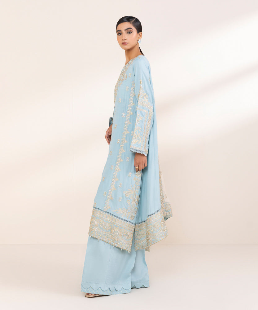 Women's Pret Aqua Blue 3 Piece Embroidered Raw Silk Suit