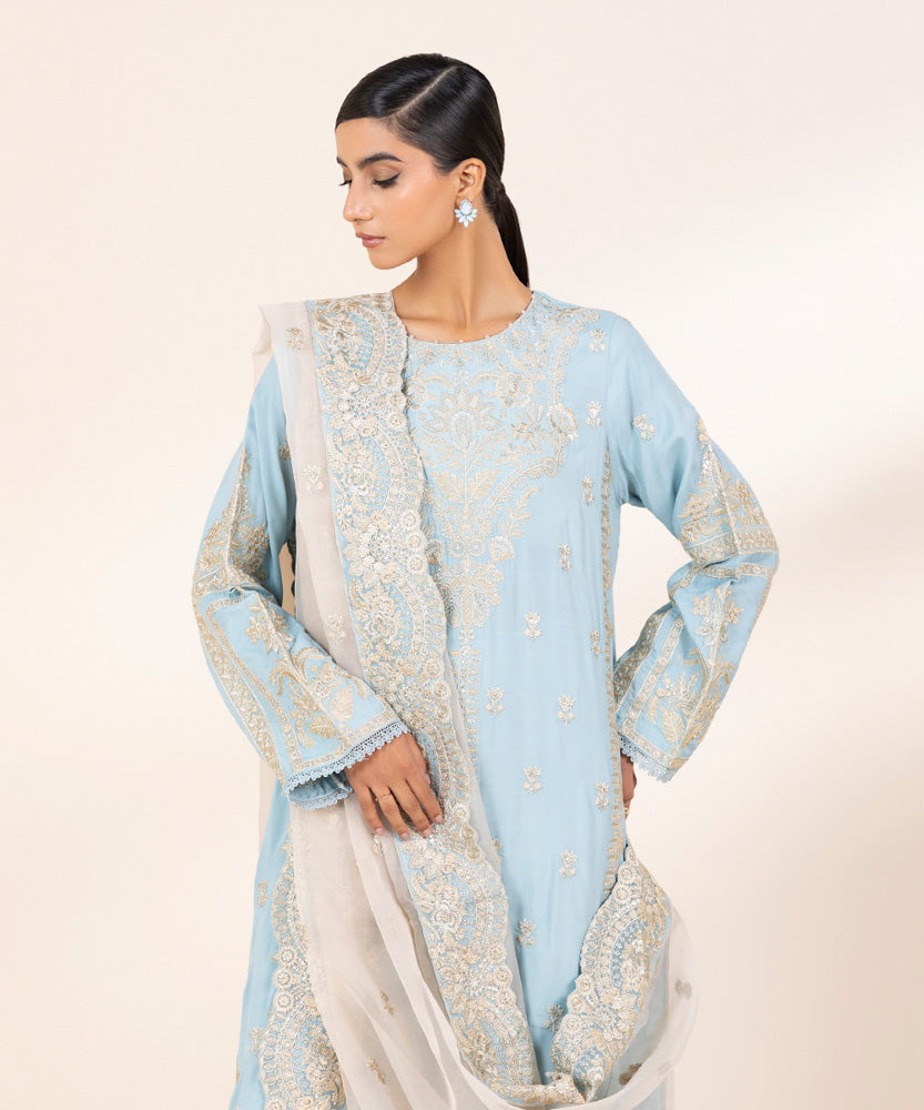 Women's Pret Aqua Blue 3 Piece Embroidered Raw Silk Suit