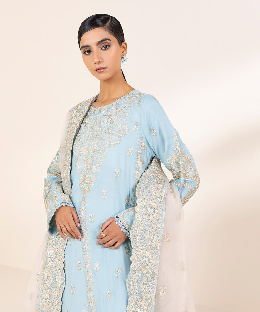 Women's Pret Aqua Blue 3 Piece Embroidered Raw Silk Suit