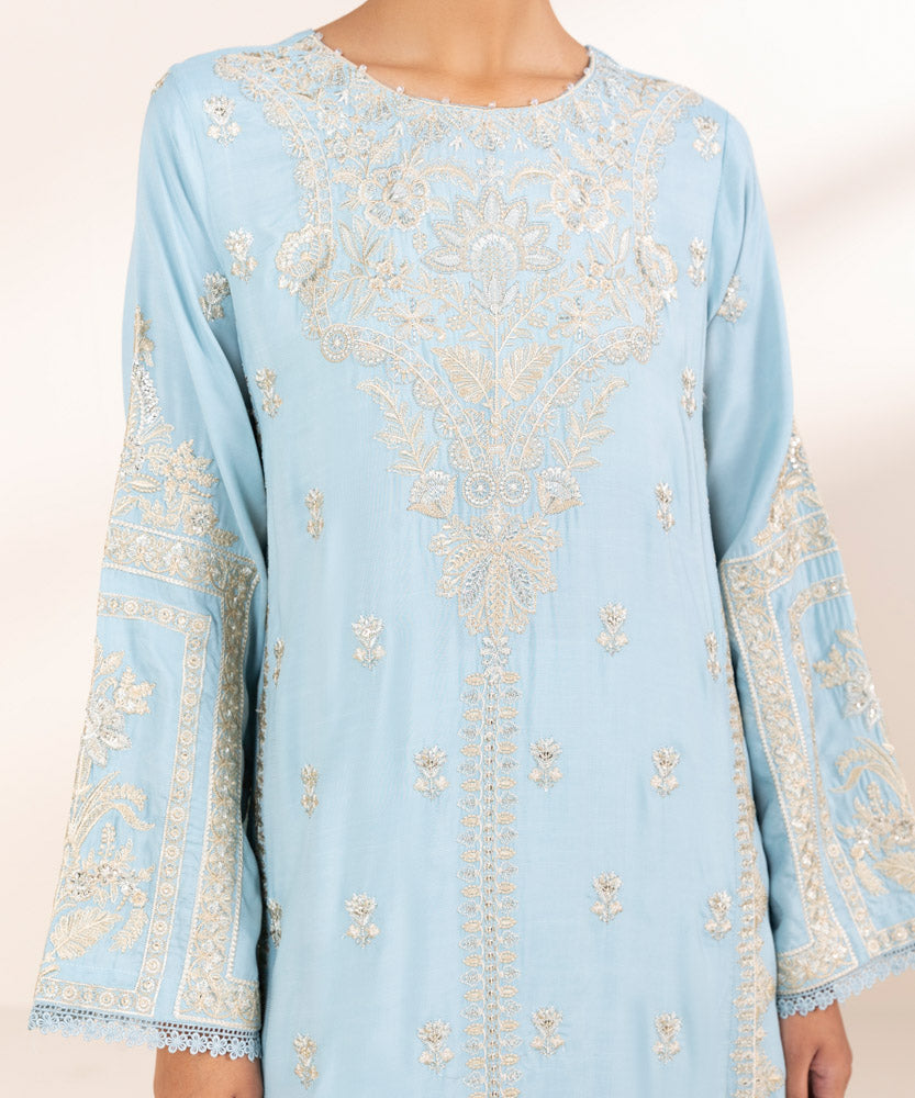 Women's Pret Aqua Blue 3 Piece Embroidered Raw Silk Suit