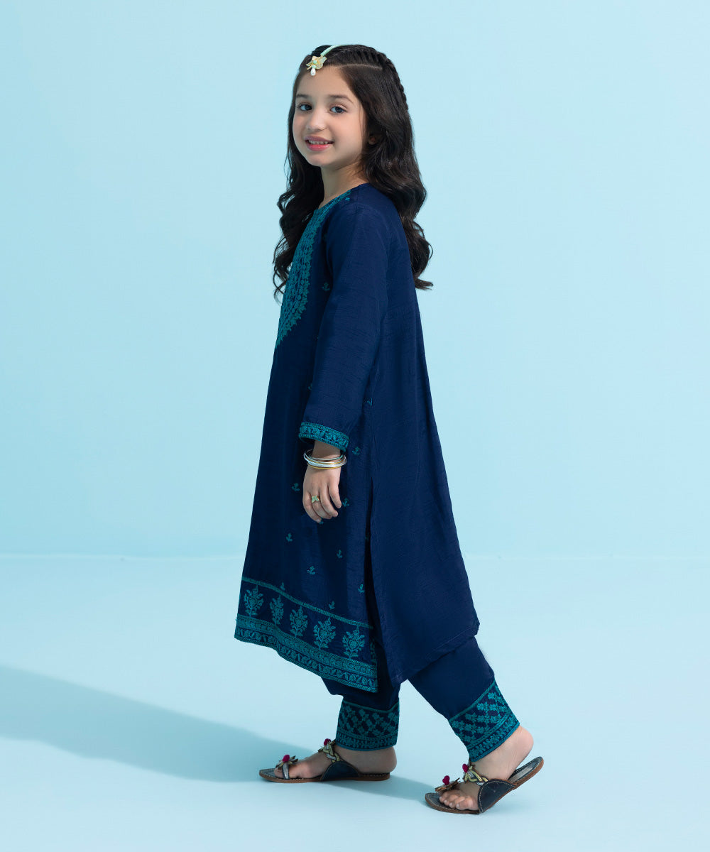 Kids East Girls Formal Navy Embroidered Raw Silk 2 Piece Suit
