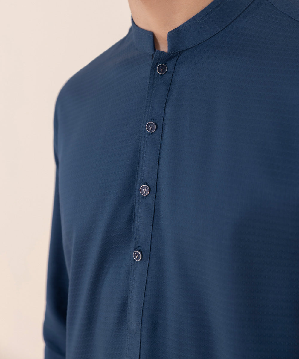 Men's Stitched Fine Cotton Dobby Royal Blue Straight Hem Suit