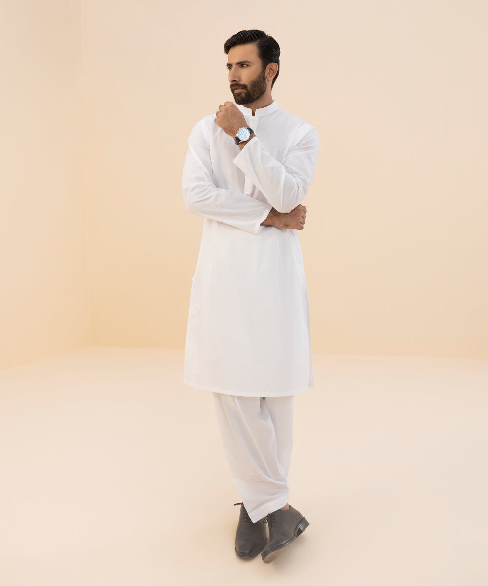 Men's Stitched Summer Cotton White Straight Hem Suit
