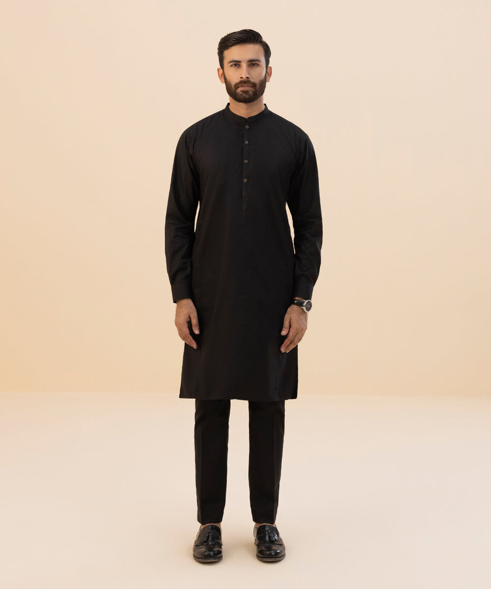 Men's Stitched Fine Cotton Black Straight Hem Suit
