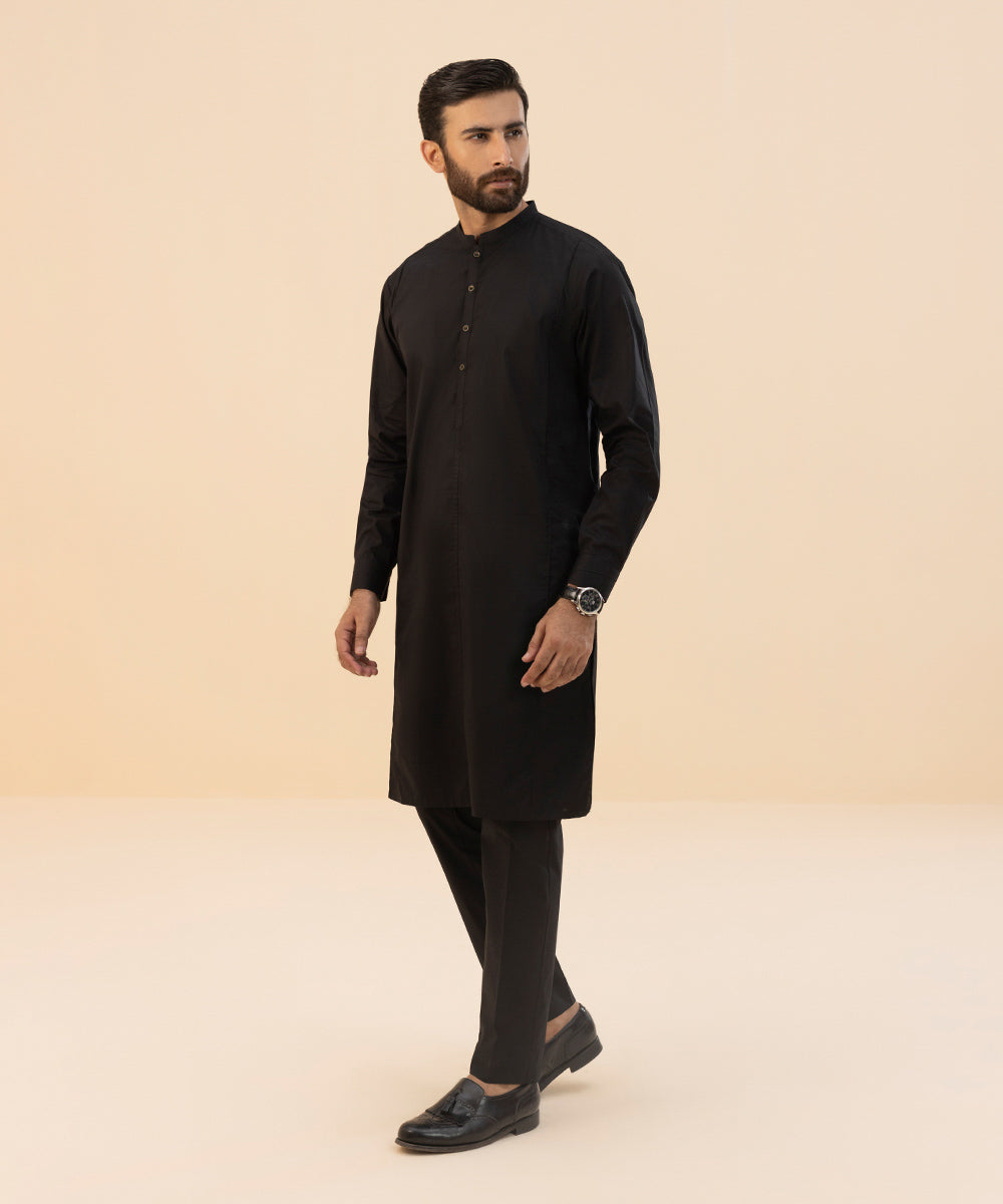 Men's Stitched Fine Cotton Black Straight Hem Suit