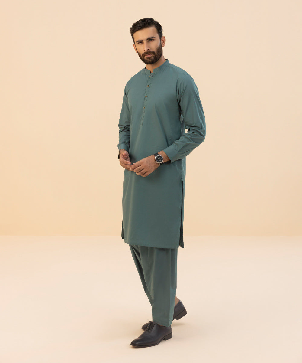 Men's Stitched Fine Cotton Green Straight Hem Suit