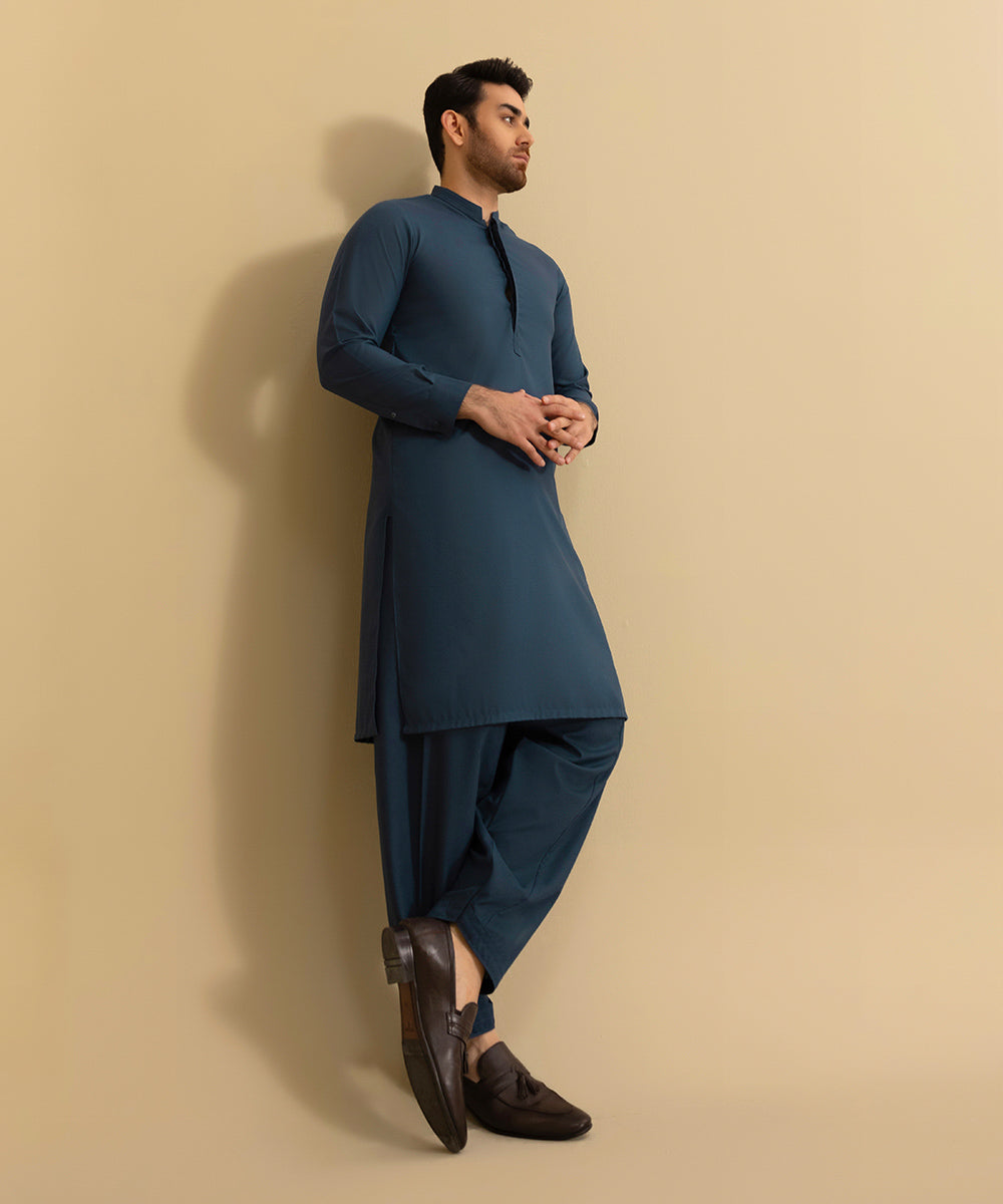 Men's Stitched Winter Wash & Wear Blue Straight Hem Kurta Shalwar
