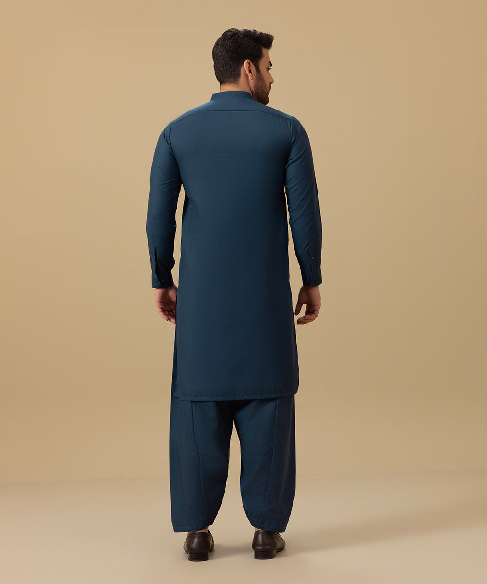 Men's Stitched Winter Wash & Wear Blue Straight Hem Kurta Shalwar