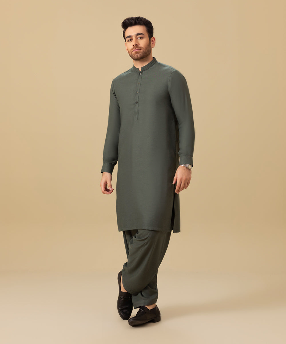 Men's Stitched Winter Wash & Wear Green Straight Hem Kurta Shalwar