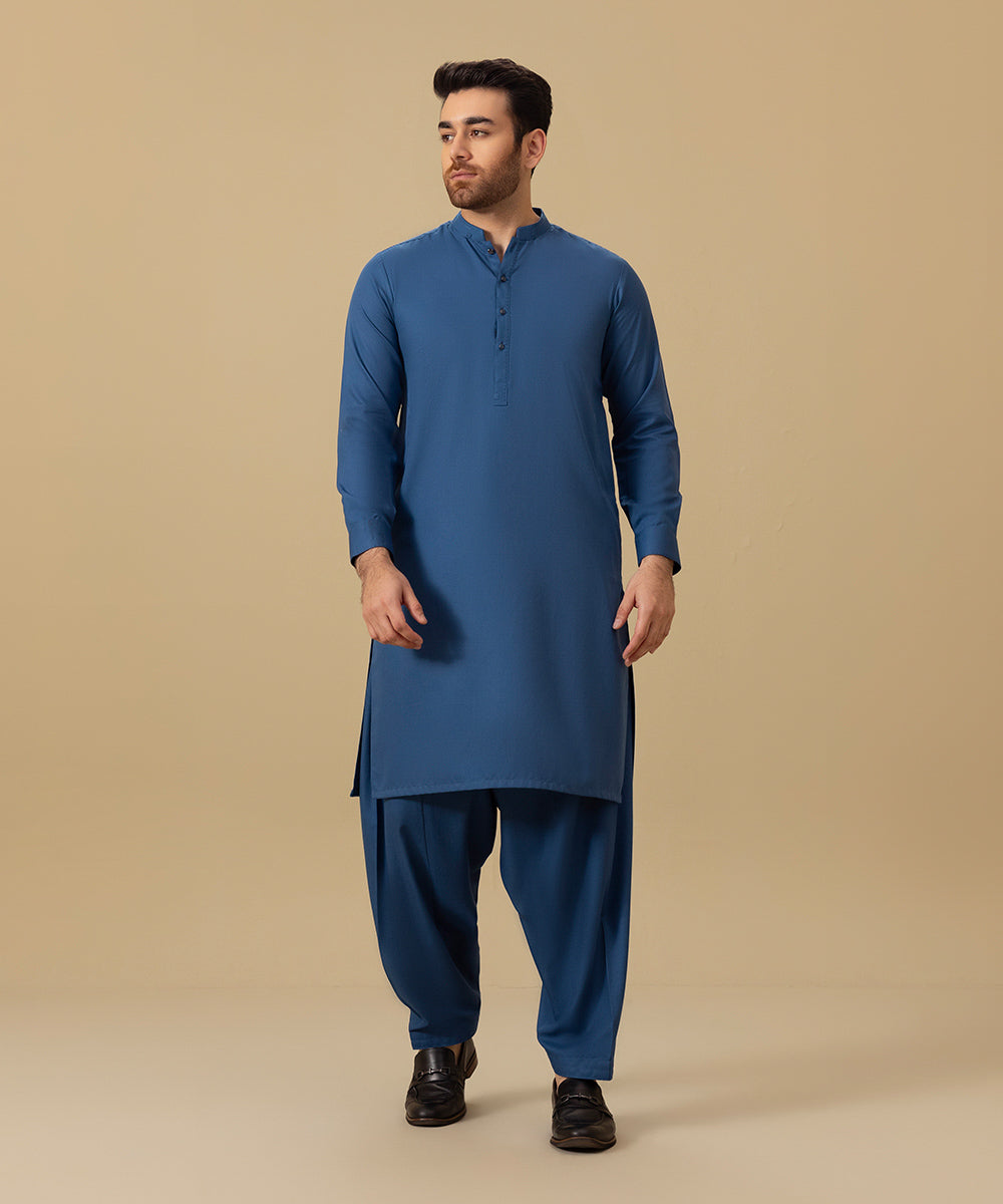 Men's Stitched Winter Suiting Fabric Blue Straight Hem Kurta Shalwar