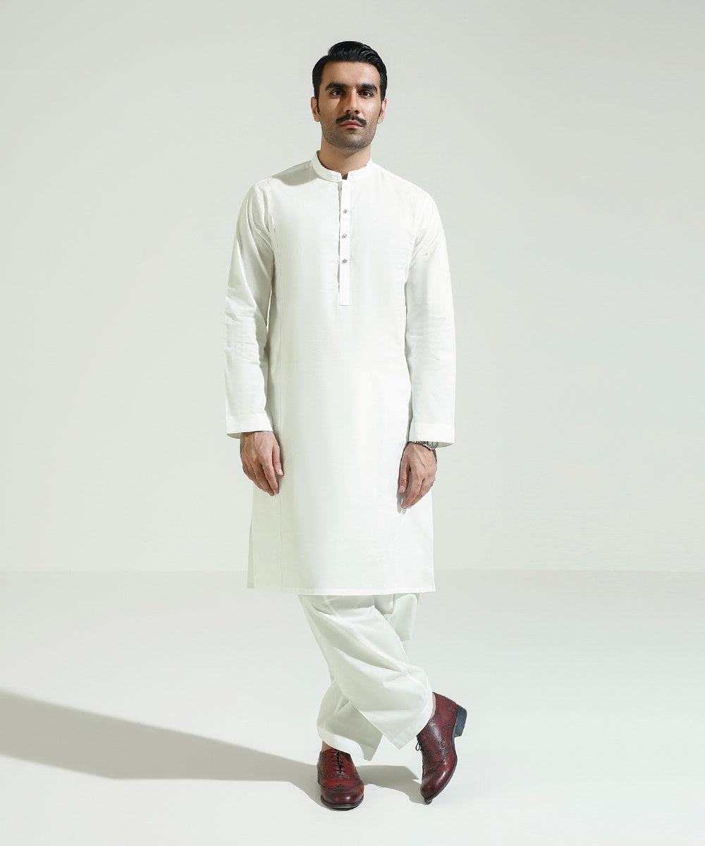 Men's Eid Stitched Summer Cotton Embroidered White Straight Hem Suit
