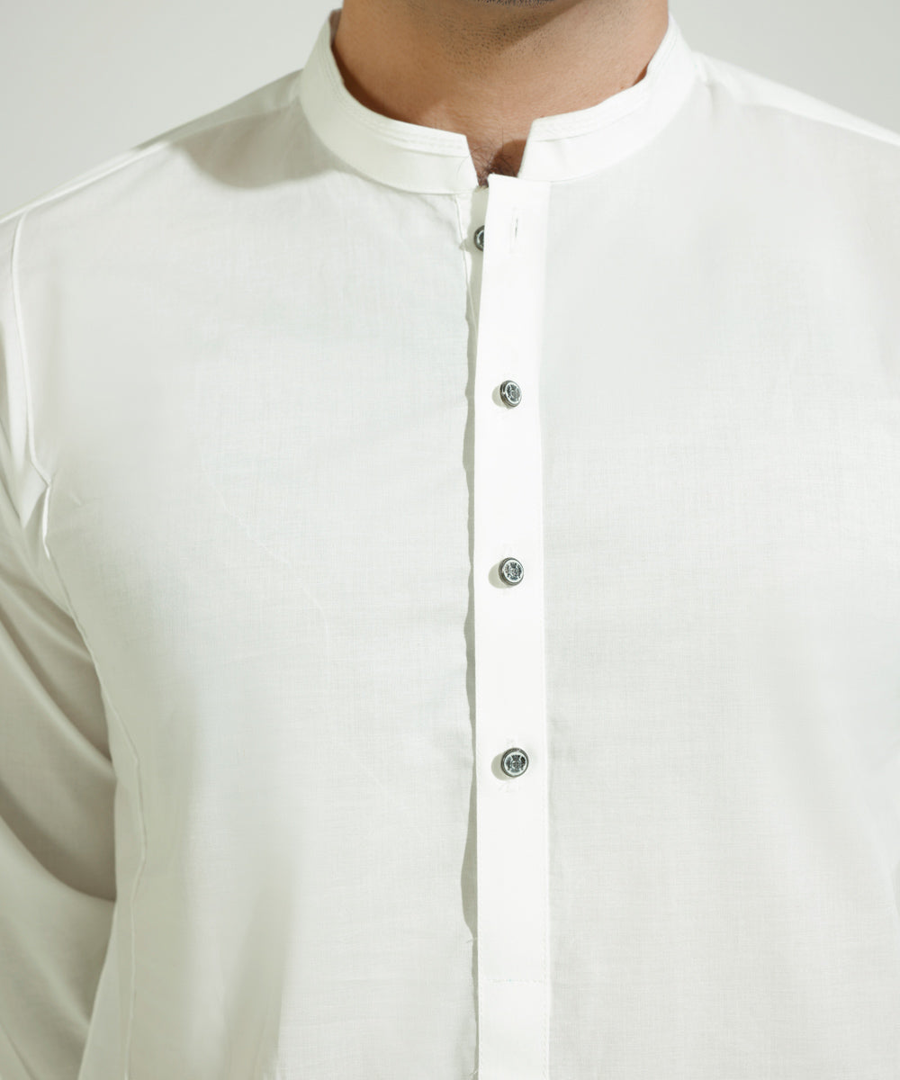 Men's Eid Stitched Summer Cotton Embroidered White Straight Hem Suit