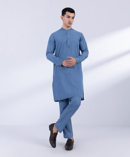 Men's Stitched Light Blue Denim Kurta Trousers