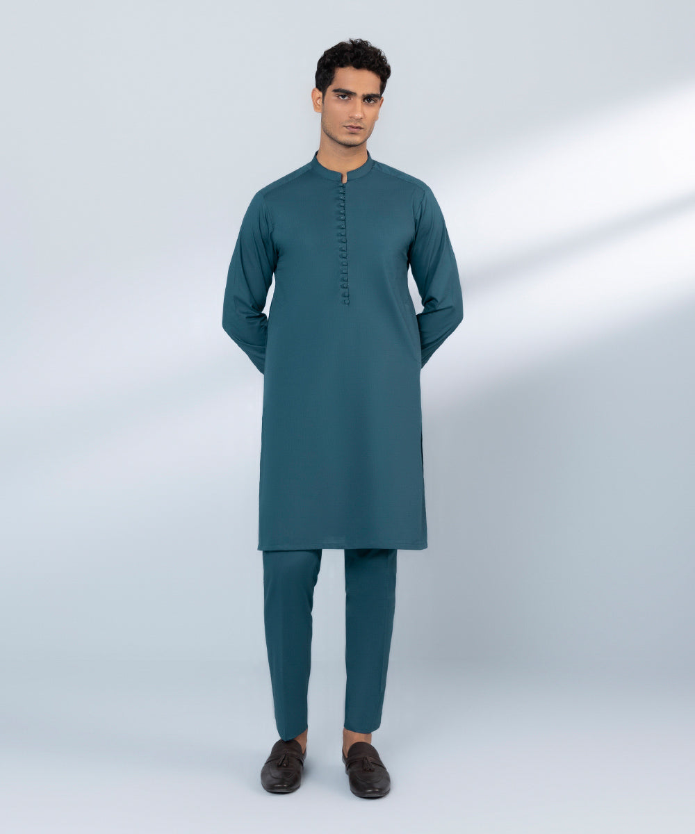 Men's Stitched Cotton Dobby Blue Straight Hem Kurta & Trousers