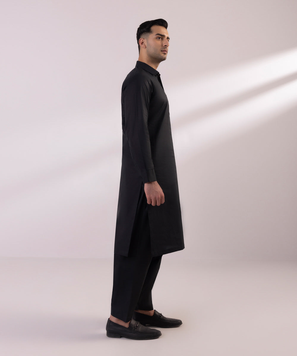 Men's Stitched Luxury Egyptian Cotton Black Straight Hem Kurta Shalwar