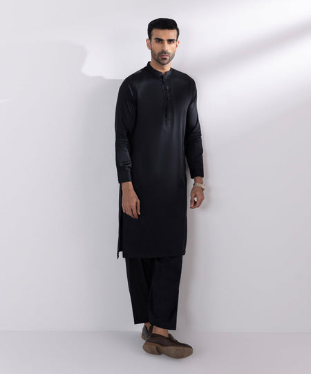 Men's Stitched Luxury Egyptian Cotton Black Straight Hem Kurta Shalwar