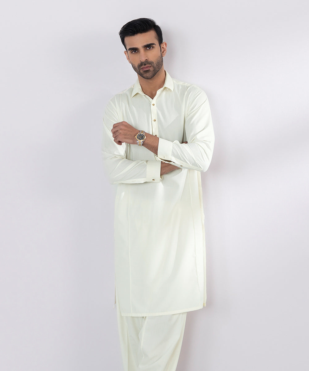 Men's Stitched Premium Wash & Wear Cream Straight Hem Kurta Shalwar