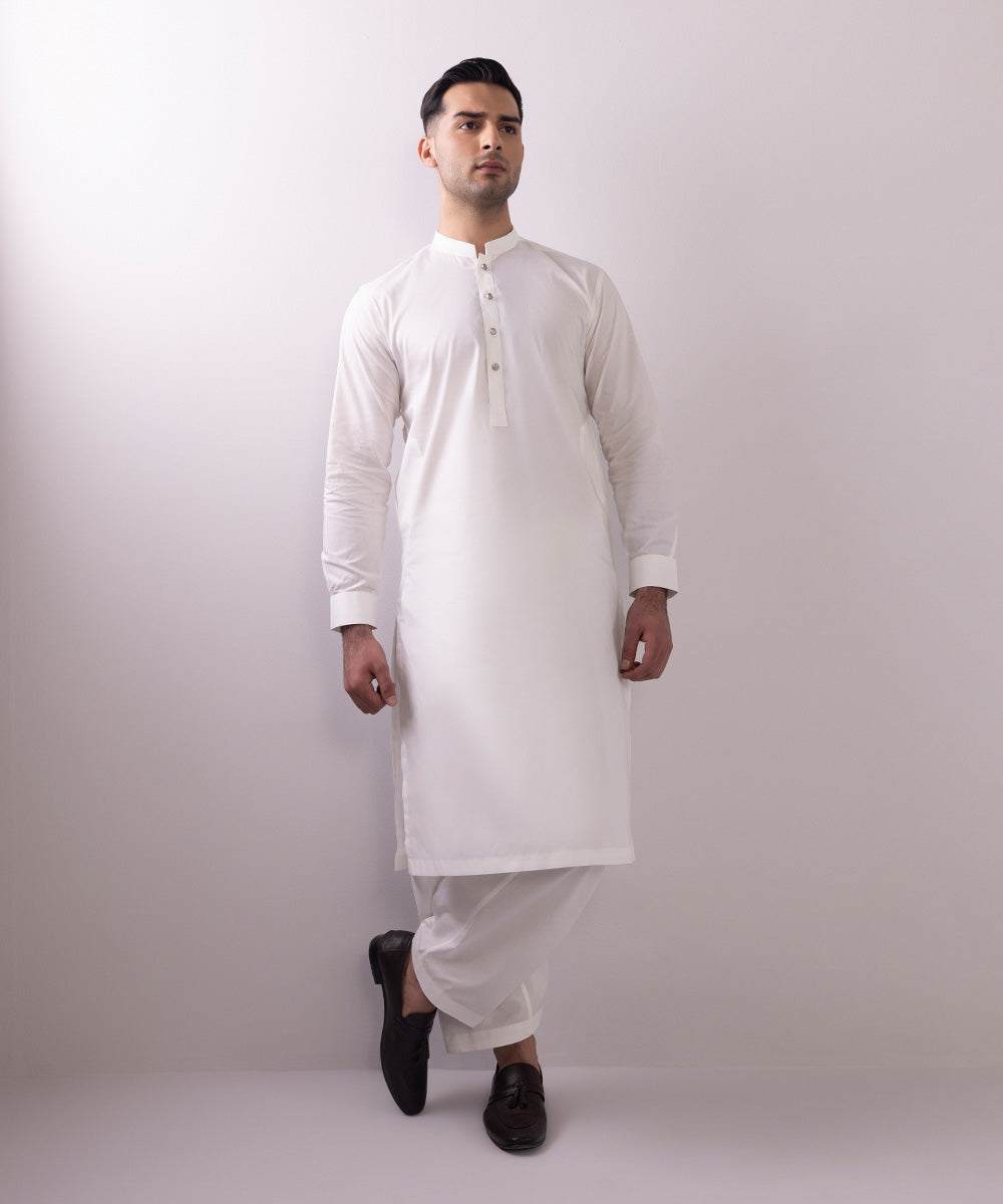 Men's Stitched Luxury Egyptian Cotton White Straight Hem Kurta Shalwar