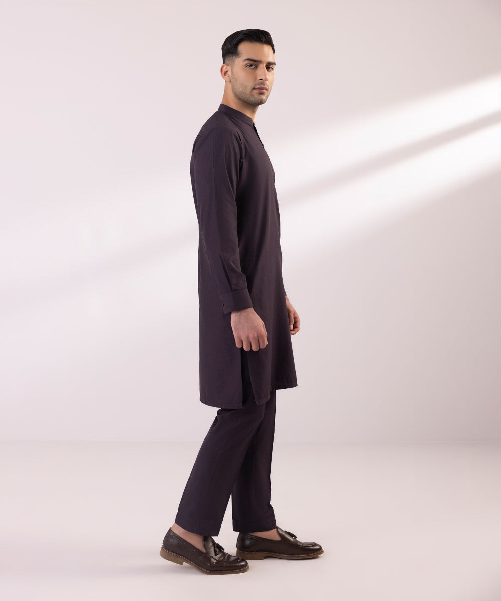 Men's Stitched Wash & Wear Jacquard Plum Straight Hem Kurta Trousers