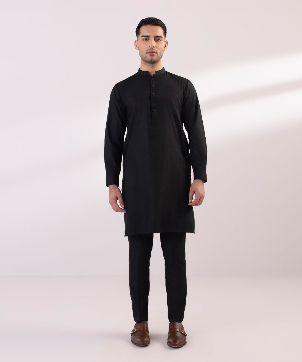 Men's Stitched Wash & Wear Jacquard Black Straight Hem Kurta Trousers