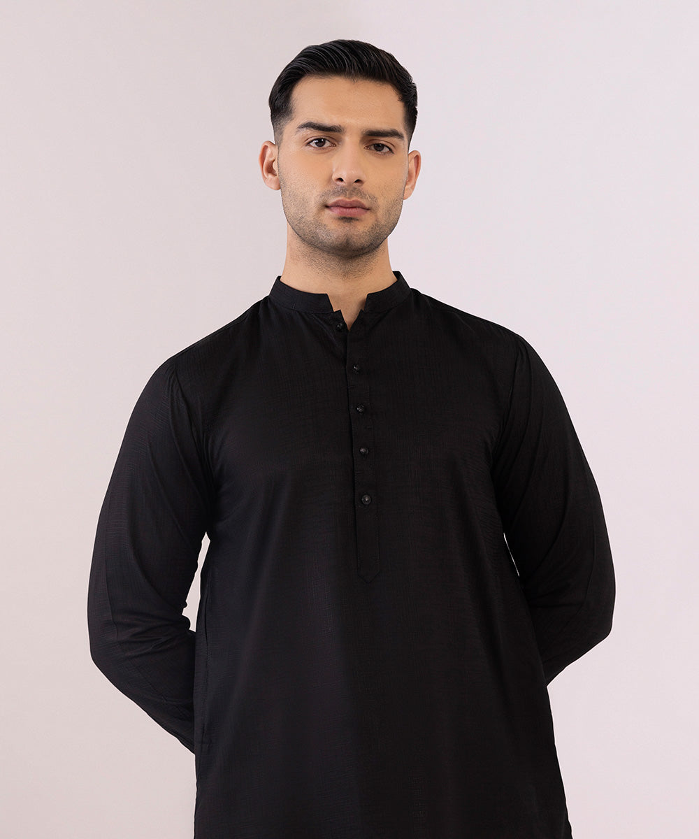 Men's Stitched Wash & Wear Jacquard Black Straight Hem Kurta Trousers