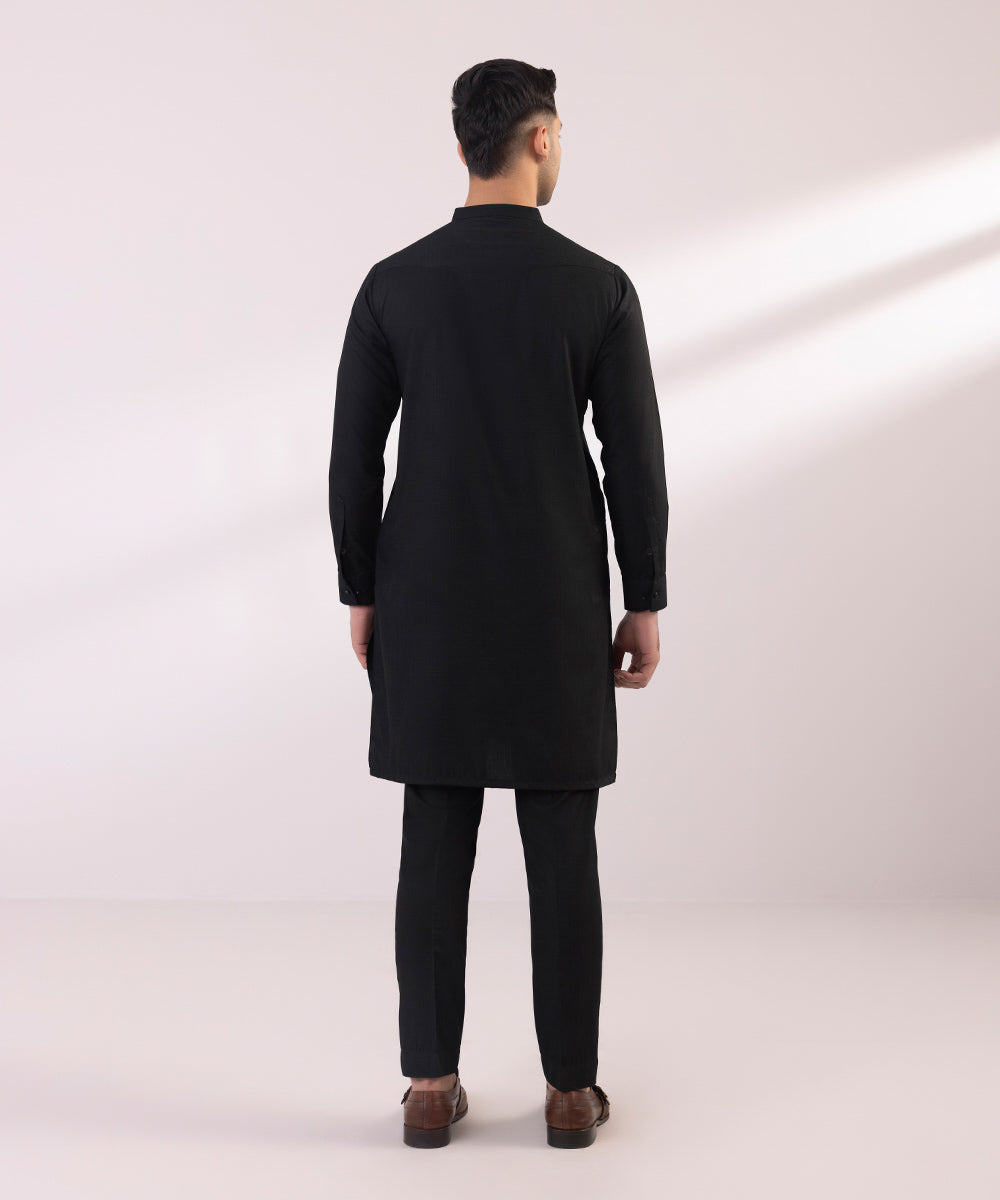 Men's Stitched Wash & Wear Jacquard Black Straight Hem Kurta Trousers