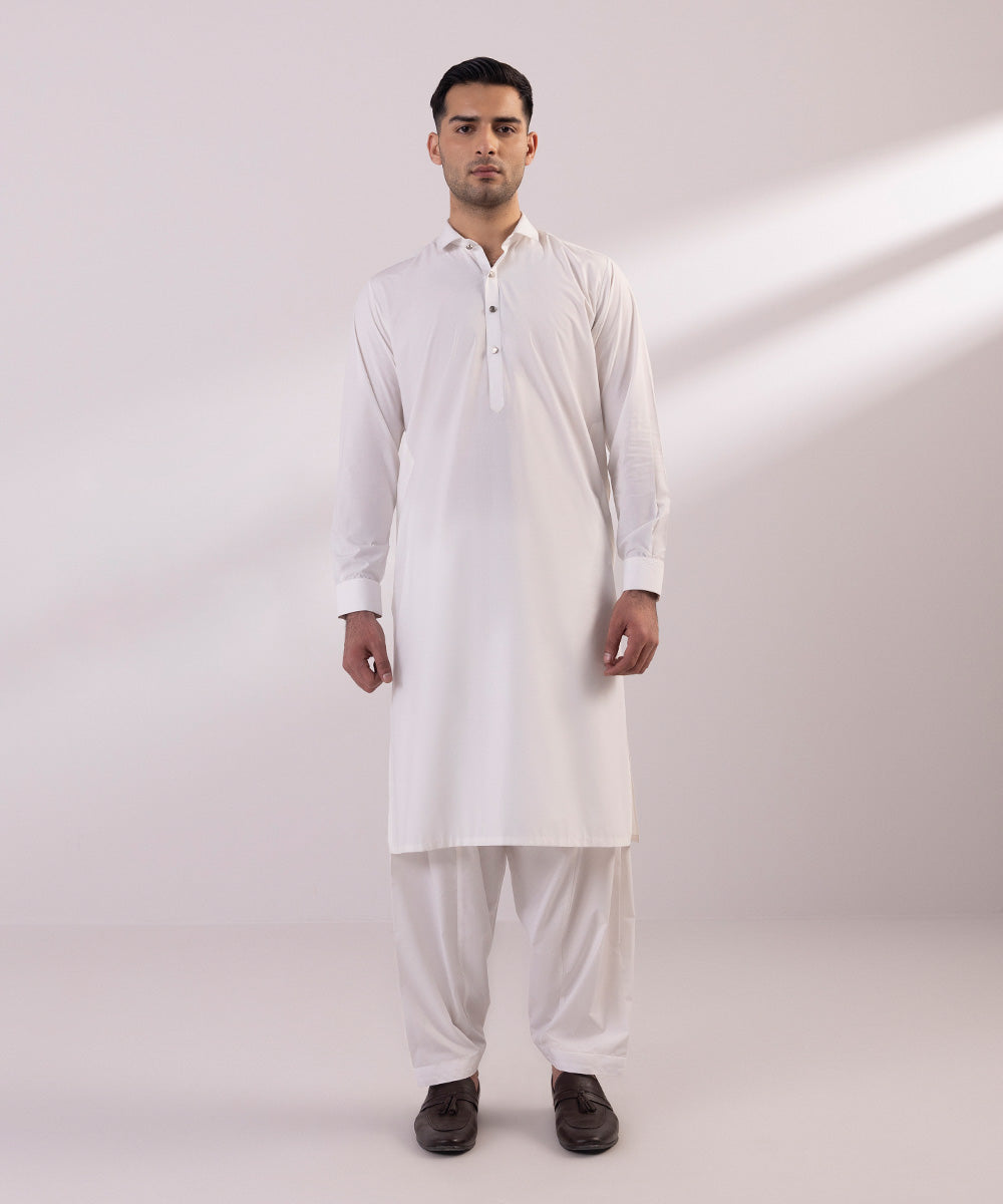 Men's Stitched Luxury Poly Modal White Straight Hem Kurta Shalwar