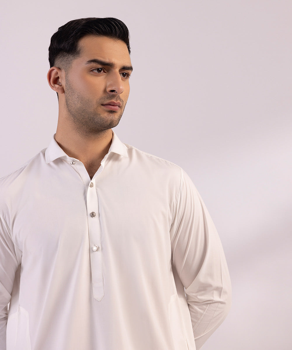 Men's Stitched Luxury Poly Modal White Straight Hem Kurta Shalwar