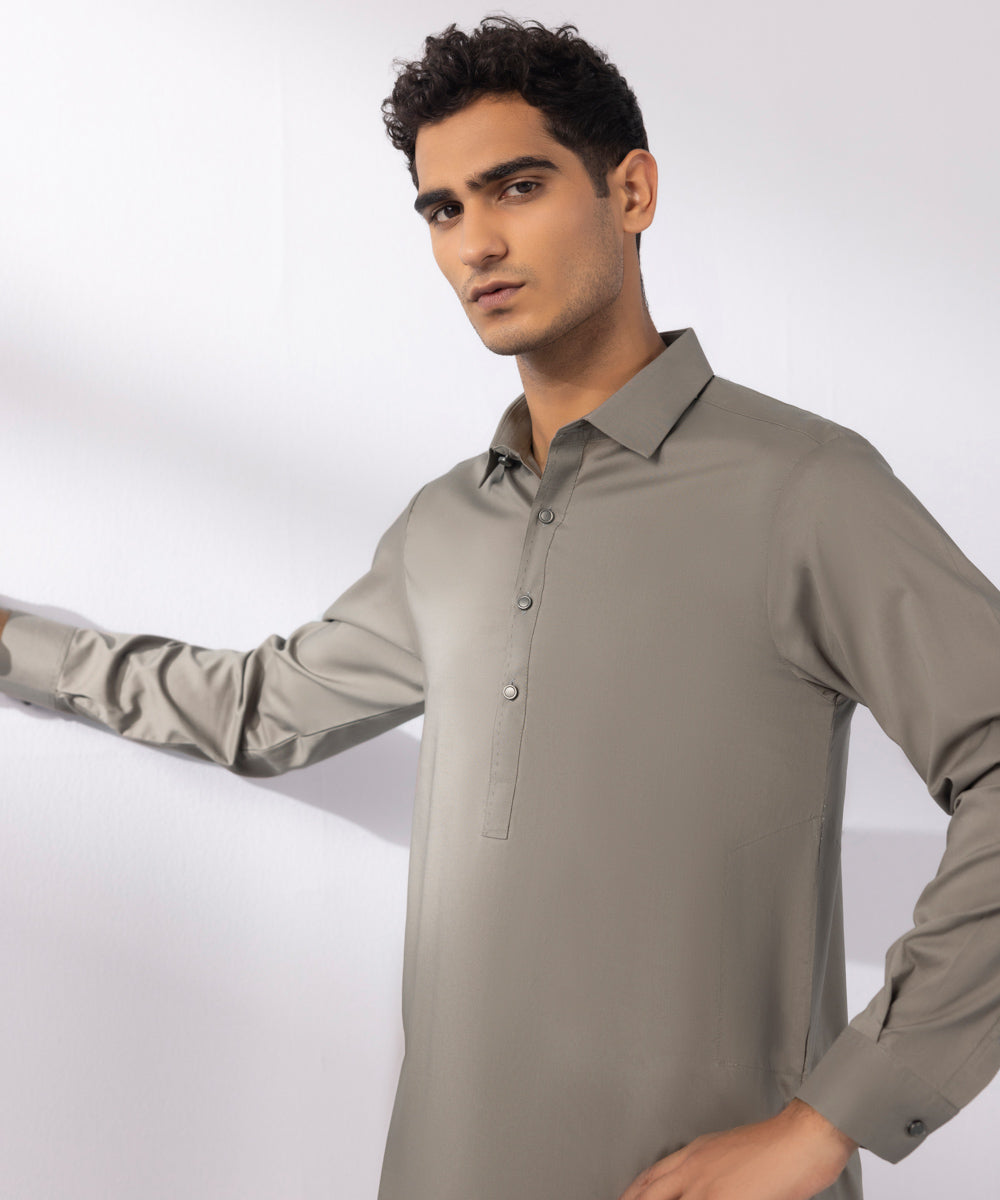 Men's Stitched Luxury Egyptian Cotton Suit Olive Khaki Straight Hem Kurta Shalwar