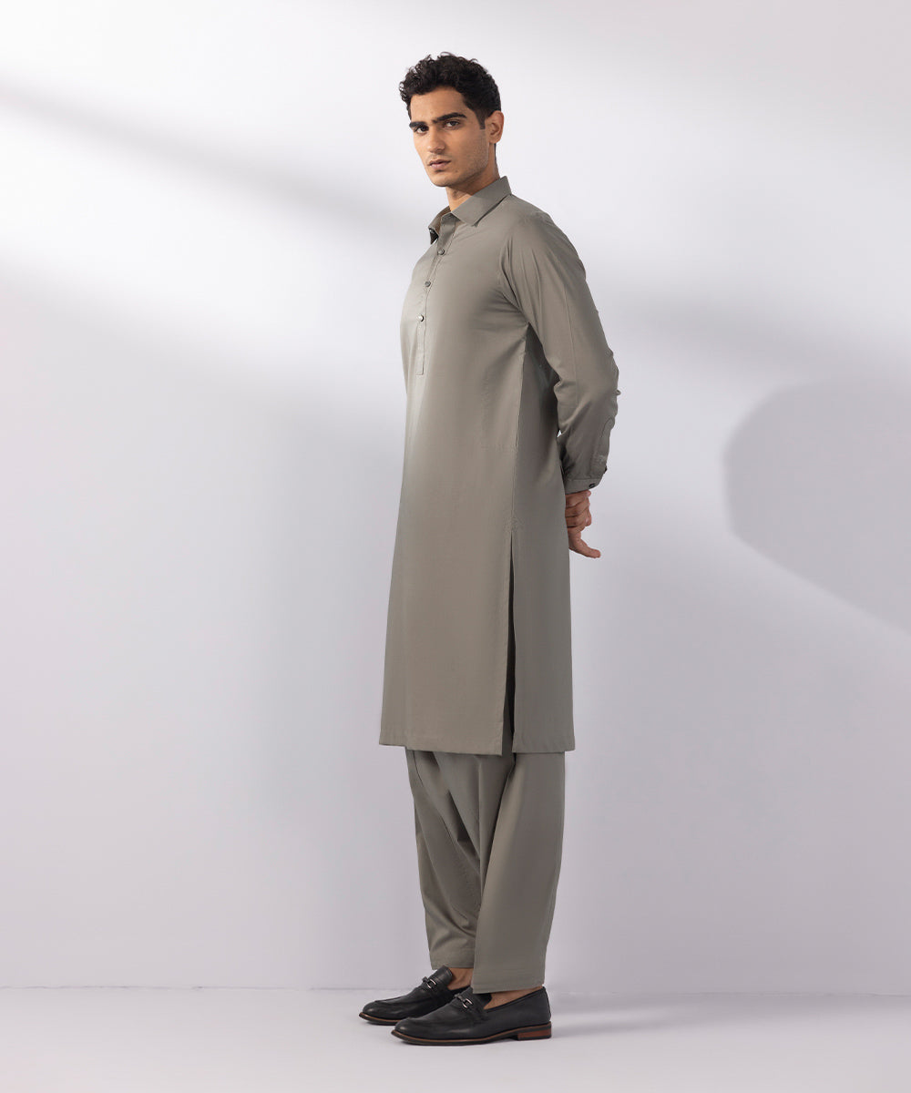 Men's Stitched Luxury Egyptian Cotton Suit Olive Khaki Straight Hem Kurta Shalwar