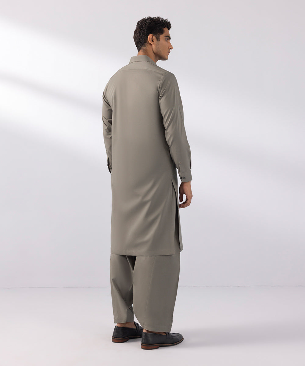 Men's Stitched Luxury Egyptian Cotton Suit Olive Khaki Straight Hem Kurta Shalwar